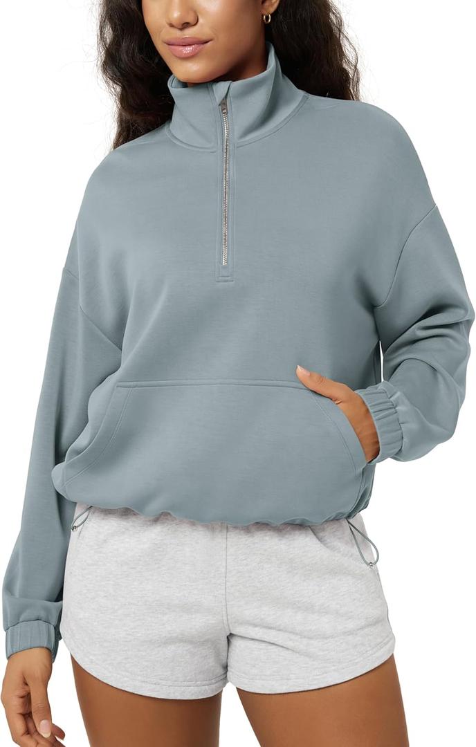 ODODOS Women's Modal Soft Cinchable Sweatshirts Half Zipper Funnel Neck Oversize Pullover with Pockets, Grey Blue, Medium