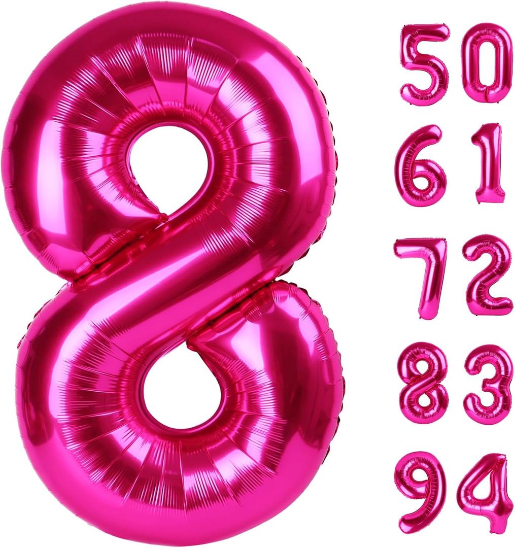 Hot Pink 8 Balloon, Number Balloons 40 Inch, 8th Birthday Decorations for Girls, Birthday Balloons, Hot Pink Party Supplies, Number 8 Balloon
