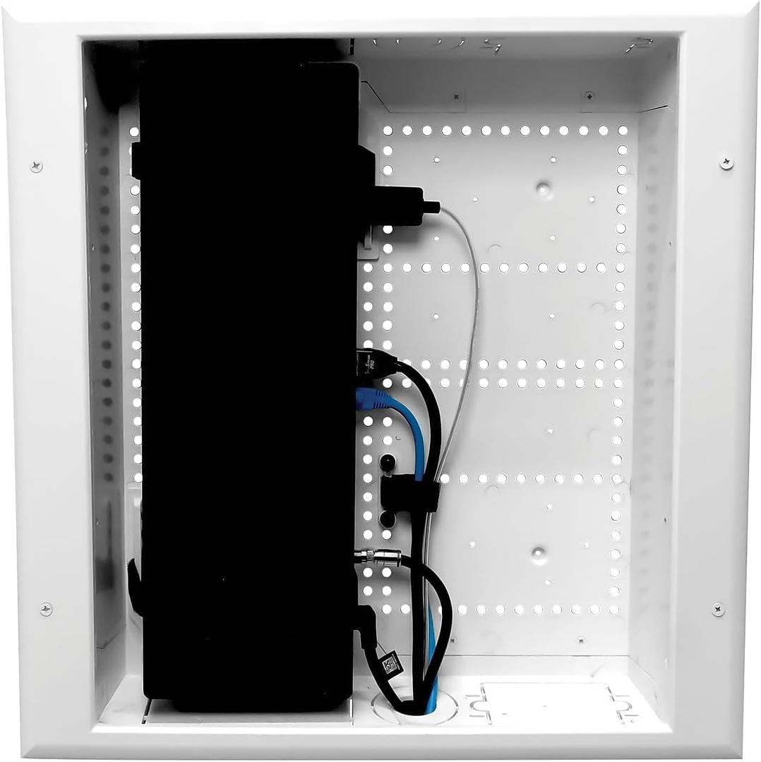 DataComm Electronics 45-8011-1P Multi-Functional Recessed Media Box with Integrated Duplex Power Receptacle For Seamless Home & Office Connectivity Solutions, In Wall Box, Hides TV Outlet & Cables