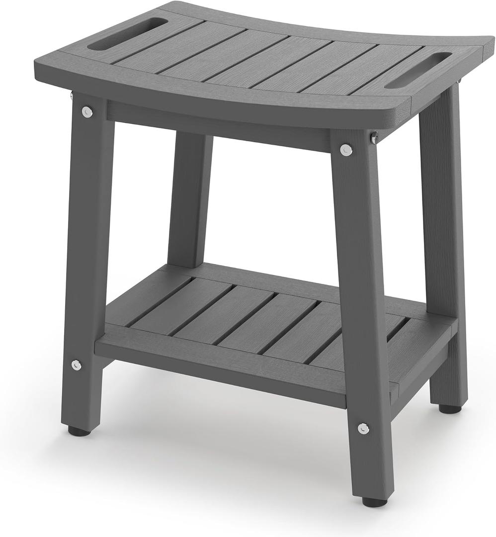 Shower Bench for Inside Shower - Grey HDPE Shower Stool Waterproof - Spa Bathroom Seat Chair with Handle, Storage Shelf, Adjustable Feet - Indoor/Outdoor, Weather Resistant