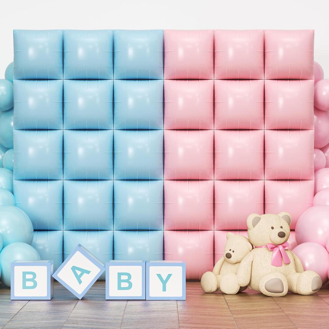 Kelfara Matte Pink and Blue Double Sided Square Foil Balloons Wall, 30Pcs 19 Inch Chrome Foil Balloons Tunnel Arch Kit for Gender Reveal, Baby Shower, Birthday Party Background Decoration