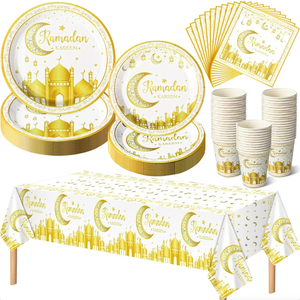 Blushtier 97 Pcs Ramadan Eid Mubarak Party Tableware Set for 24 Guests Include 9" Dinner Plates, 7" Dessert Plates, 9 oz Cups, Eid Mubarak Napkins, Tablecloth for Ramadan Decorations (White and Gold)