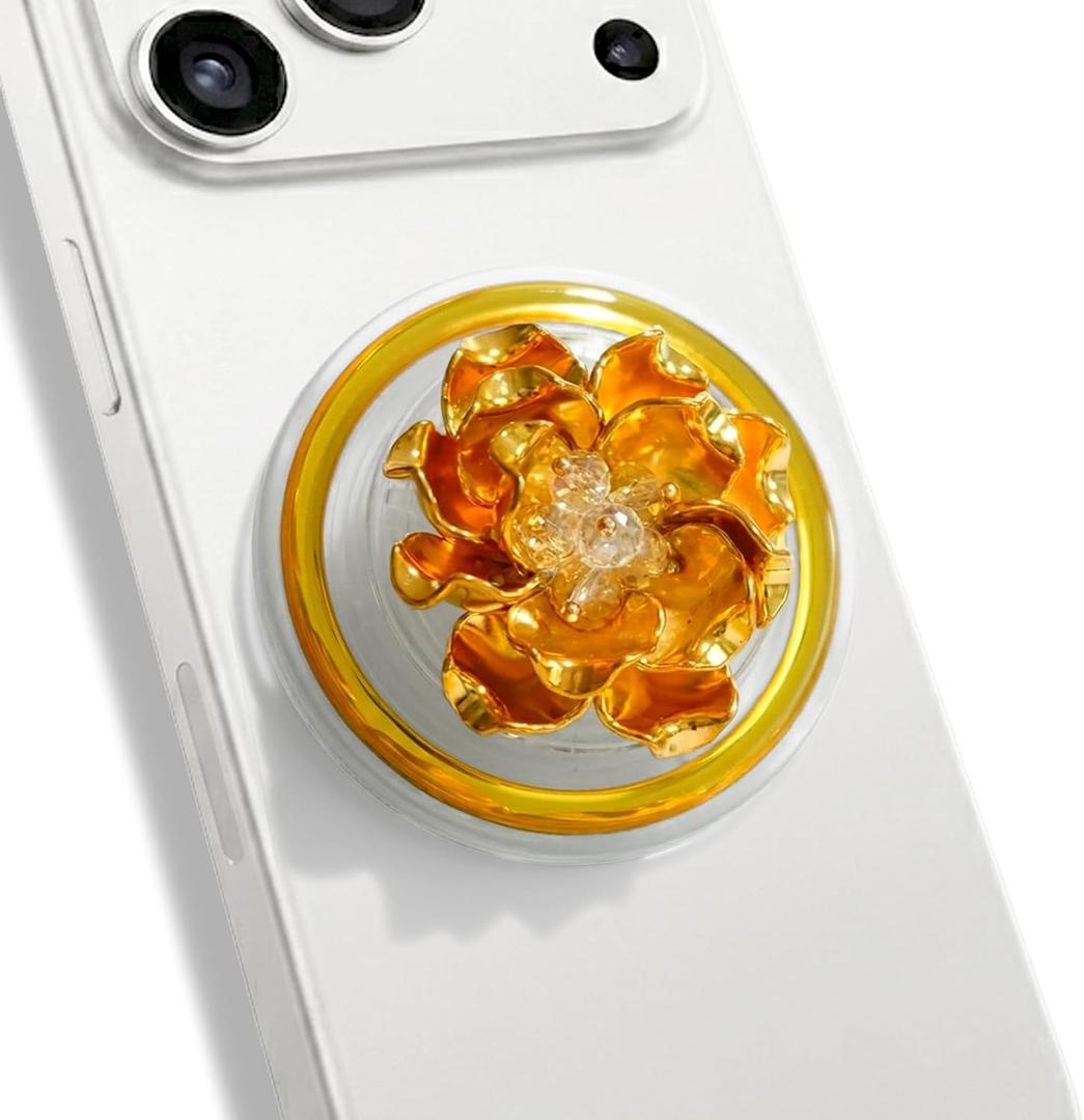 On The Grip 3D Flower Phone Grip MagSafe Compatible - Gold Plated Metal Flower with Crystal Center, Collapsible Stand & Kickstand (Camelia)