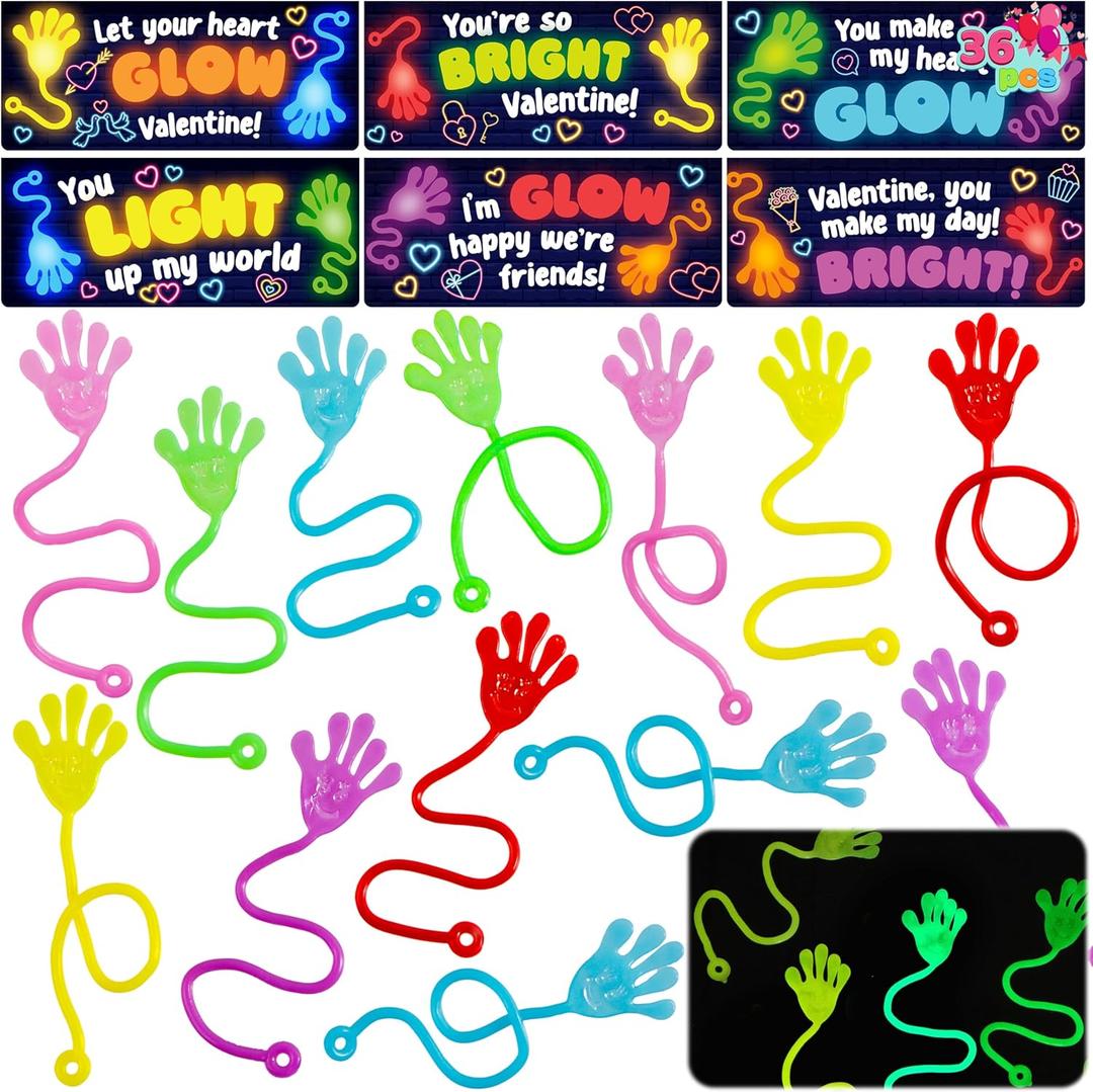 JOYIN 36 Packs Valentine Day Glow Sticky Hands with Card Headers for Kids Party Favor, Classroom Exchange Prizes, Valentines Day Greeting Cards, Party Favors and Exchange Gifts