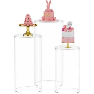 Putros Cylinder Pedestal Stands 3Pcs Clear Round Cylinder Pedestal Display Plinth Pillars for Wedding Party Decor 35.4''(L),29.5''(M),23.6''(S)