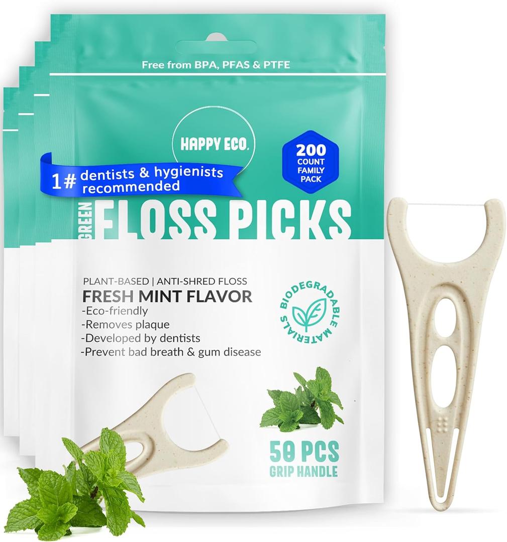 Biodegradable Floss Picks (200pcs) - Natural Dental Floss - Nontoxic Plant Based Floss Sticks for Adults & Kids - Vegan Tooth Pick Flossers - Single Thread Mint (50 Count (Pack of 3))