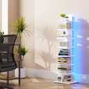 TUTOTAK Narrow Bookshelf, 8-Tier Bookcase with LED Lights, Spine Book Shelf for Small Space, Corner Standing Shelf for Living Room, Office, Study, Entryway, White BS06BW008L
