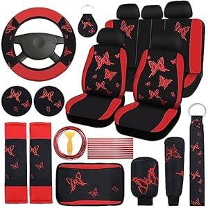 BBTO 43 Pcs Butterfly Car Seat Full Set Butterfly Car Accessories for Women 5 Front Rear Seat Covers Wrist Strap 2 Pcs Cup Mat Armrest Pad 2 Belt Cover Accessories for SUV(Red, Black)
