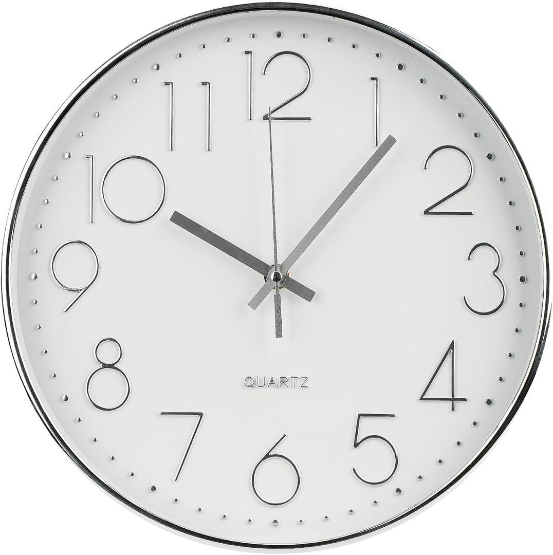 Wall Clock 12 Inch Non-Ticking Silent Modern Simple Style Round Decor Clock Silver Stereoscopic Dial Quartz Wall Clocks for Home/Office/School/Living Room/Bedroom/Kitchen