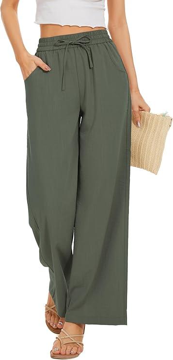 KICZOY Women Flowy Pants Drawstring Waist Wide Leg Palazzo Beach Pants Loose Fit with Pockets (Olive Green, Size 34W)