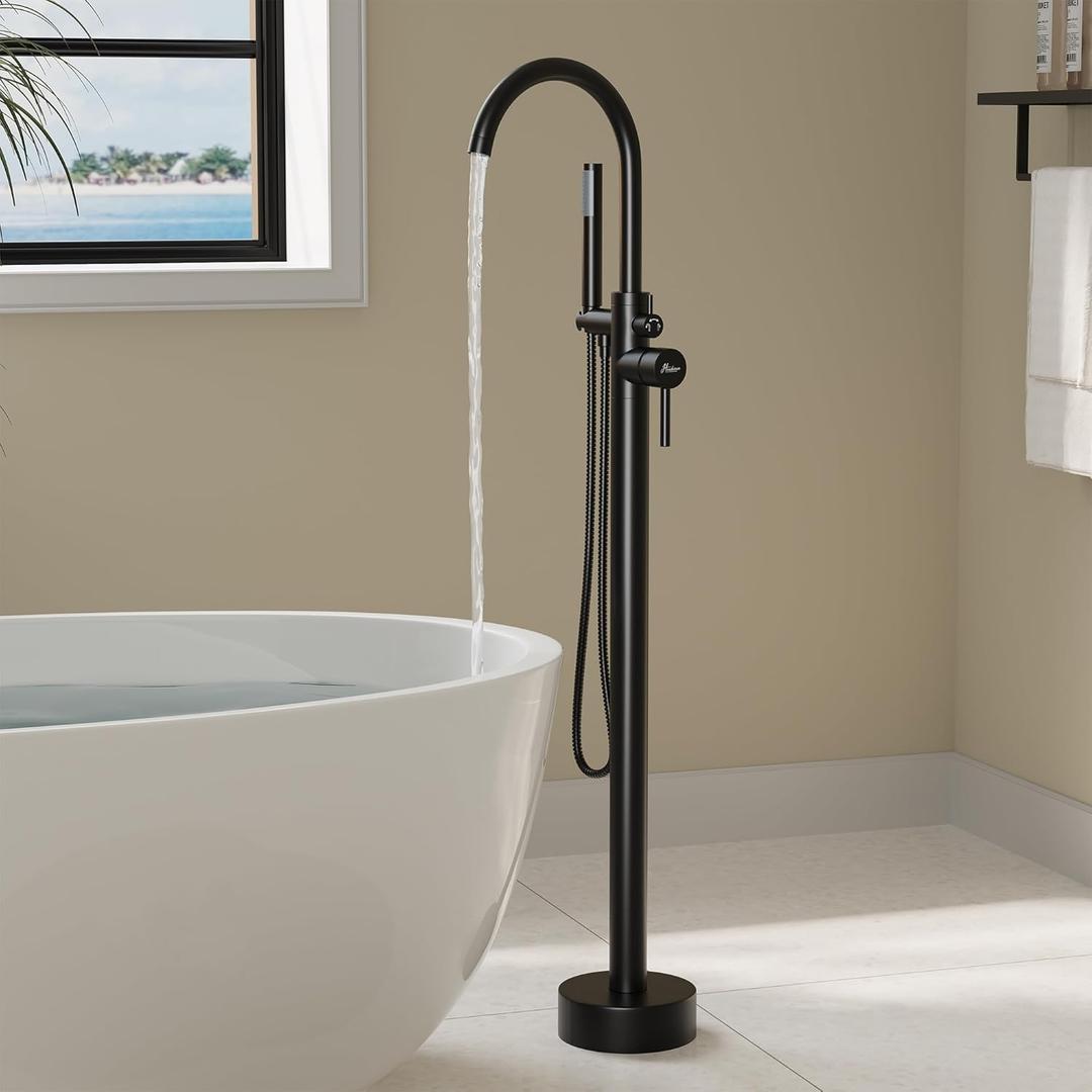 Freestanding Bathtub Faucet, Floor Mount Bathtub Faucet with 2 Water Outlet Modes, Swivel Gooseneck Spout with Hand Shower, Brass Single Handle Tub filler, Max Flow Rate 7.4 GPM, Matte Black