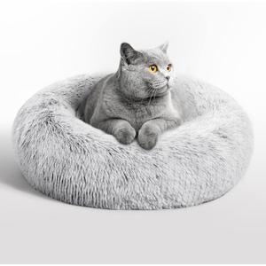 Love's cabin Calming Cat Bed for Indoor Cats, Anti-Anxiety Donut Round Dog Bed, Fluffy Faux Fur Washable Pet Bed for Small Medium Dogs and Cats,Grey,20in
