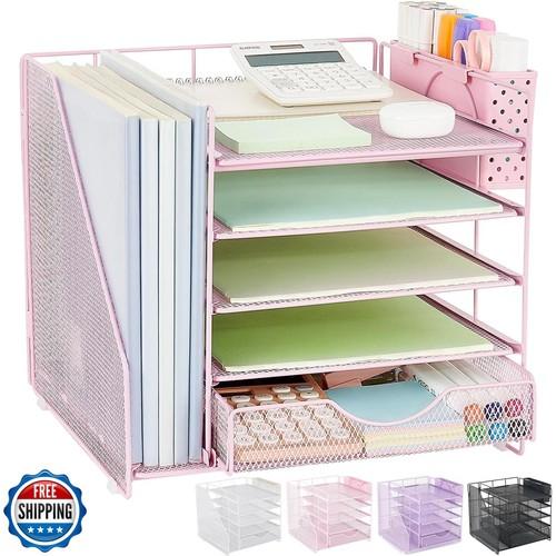 OUTIOE Desk Organizer with Drawer and Pen Holder, 5-Tier Paper Le