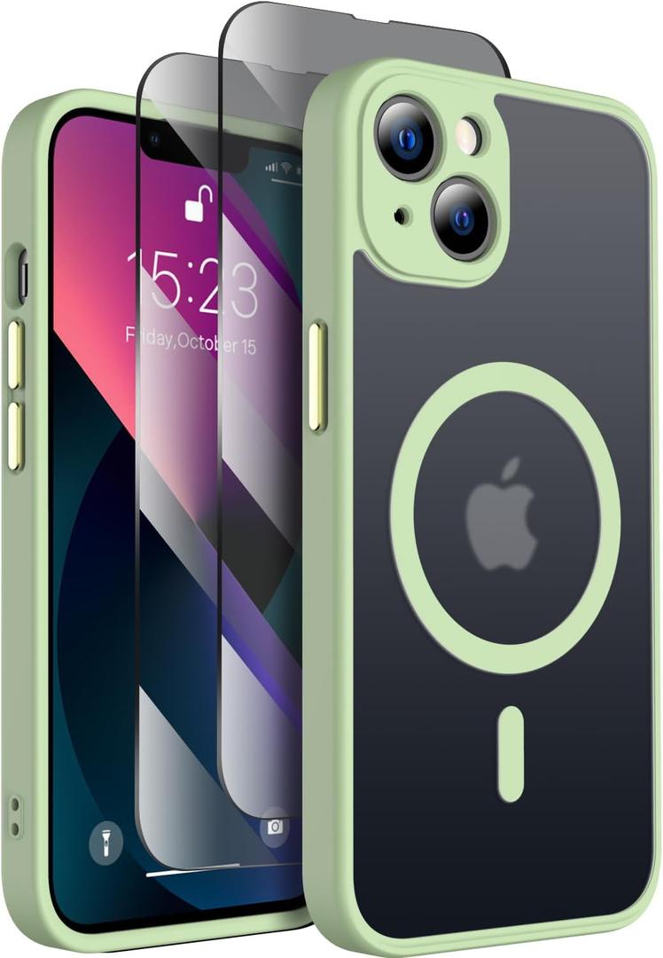 SEXYMOM Magnetic for iPhone 13 Case with Privacy Screen Protectors X2 - Upgraded Camera Protection - Compatible with Magsafe,21ft Drop Tested,Slim Fit Translucent Matte Phone Case - Tea Green