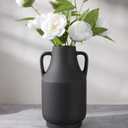 Black Ceramic Flower Vase with Handles, 11 in Tall Rustic Farmhouse Pottery Vases Decorative Large Vases for Living Room Entryway Kitchen Table Centerpieces Home Decor