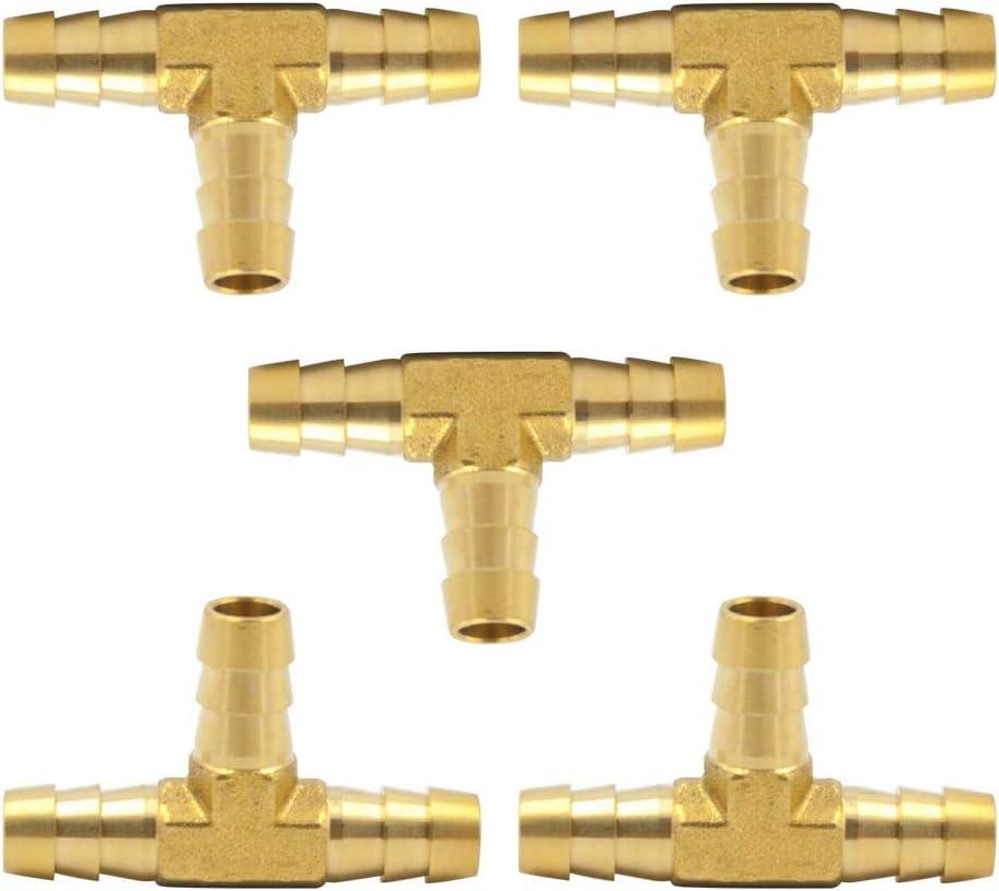 Brass Hose Barb Tee 1/4" x 1/4"x 1/4" Barbed T -Fitting 3 Ways Air Hose Fittings Pack of 5