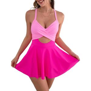 B2prity Women Cutout One Piece Skirt Swimsuit V Neck Wrap Tie Back Swimdress Tummy Control Bathing Suits Slimming Swimwear (Pink, M)