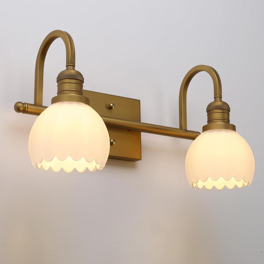 Yosoan Boho Brass Gold Vintage Wall Sconce with Flower Shade, 2-Light Indoor Hardwired Modern Vanity Industrial Single Wall Mounted Milk Transparent Tulip for Living Room Kitchen Bedroom(Antique)