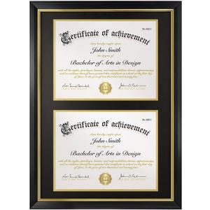 Double Diploma Frame 14x20, Display Two 8.5x11 Degree, Certificates, Documents, Tempered Glass with Acid-Free Black over Gold Mat, Dual Diploma Frame for Graduation, Black with Gold Trim