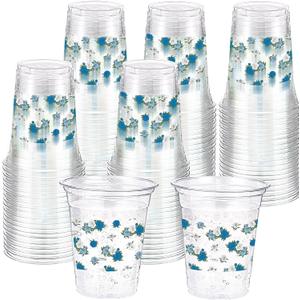 Funnymoom 60 Pack Blue Floral Plastic Cup 12 oz Wedding Flower Disposable Clear Plastic Blue White Flower Drinking Cups for Wedding Bridal Baby Shower Birthday Tea Party Decoration Supplies