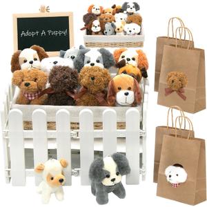 37Pcs Adopt A Puppy Party Favors Set, 12 Plush Puppy Toys with 12 Rattan Basket,Gift Bags,Fence,Chalkboard,Dog Adoption Birthday Party Supplies,Dog Themed Birthday Party Decorations