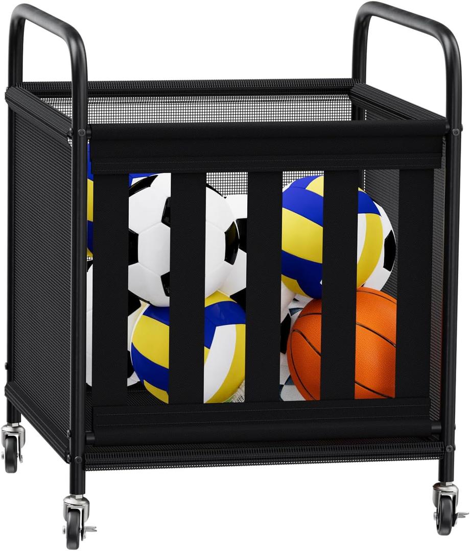 Ball Storage Cart, Sports Equipment Organizer with Wheels, Storing Volleyball, Basketball, Soccer, Baseball and Toy, Lockable Rolling Sports Ball Storage for Garage, Playgroup and Gym (Middle)