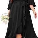 SCOMCHIC Womens Plus Size Wedding Guest Dress Fall 3/4 Sleeve Wrap V Neck High Low Ruffle Hem Maxi Cocktail Formal Dresses (X-Large Plus, Black)