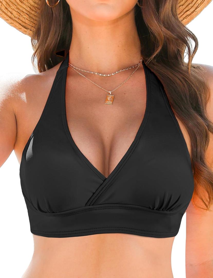Women's Supportive Halter Bikini Top, Ruched Push Up High Stretch Pull-On Swimwear Top Only, Black X-Large (Black)