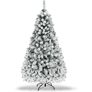 COSTWAY 7.5 FT Pre-Lit Christmas Tree, Snow Flocked Hinged Xmas Tree with 1010 Branches Tips & 450 LED Lights, Metal Stand, Artificial Pine Lighted Holiday Tree for Home Office Decorations