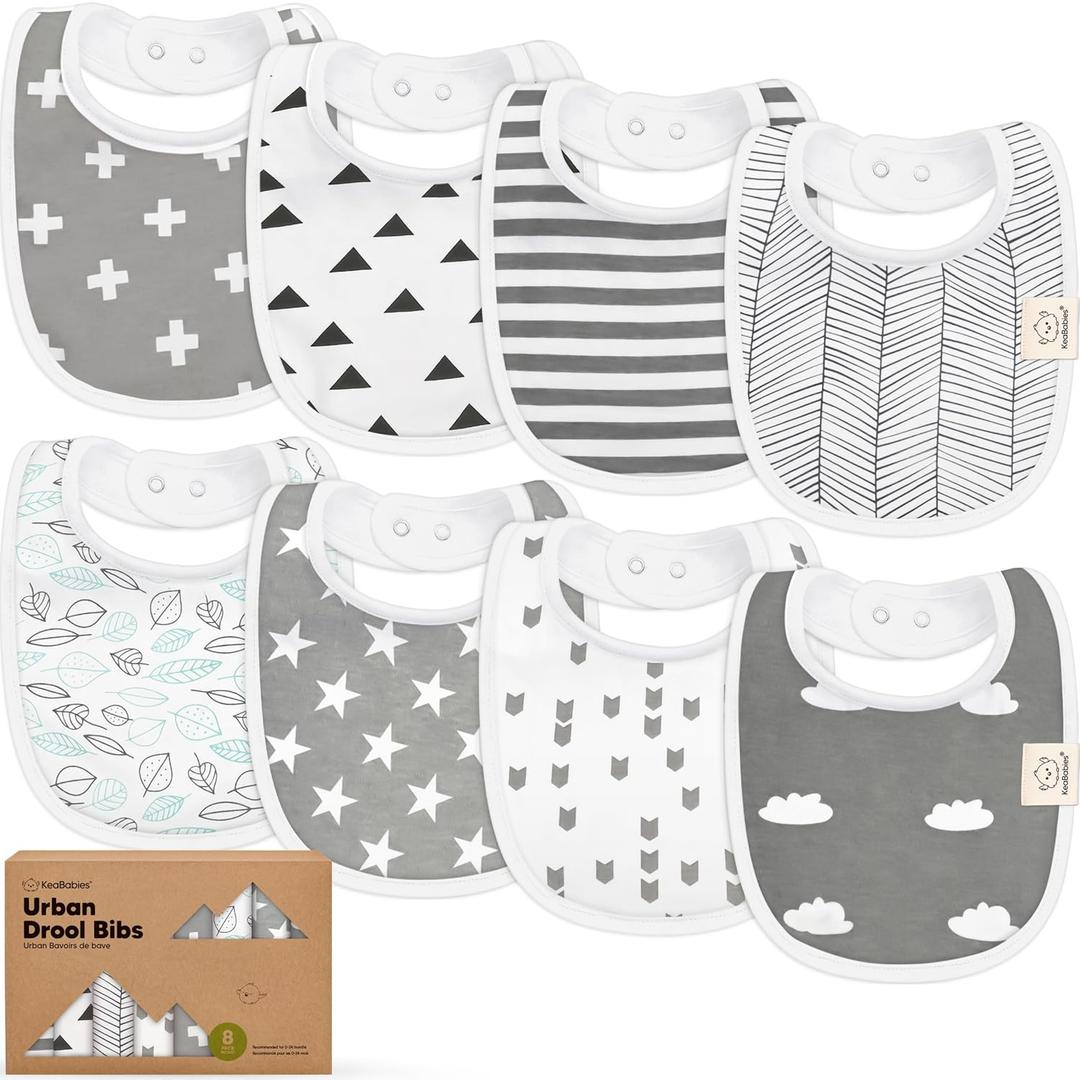 8-Pack Organic Baby Bibs for Boys, Girls - Soft Cotton Drooling and Teething Bibs for Baby Girl & Boy, Extra Absorbent, Easy to Clean & Put On for Toddler, Newborn, Infant 0-24 Months (Grayscape)