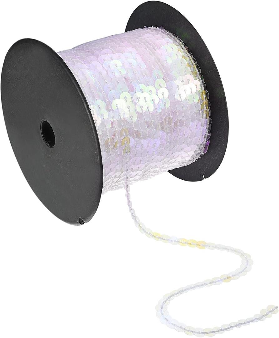 uxcell 100 Yards 6mm Flat Sequin Strip Spangle Paillette String Ribbon Roll Sequin Trim for Sewing Crafts Costume Embellishments, Clear White