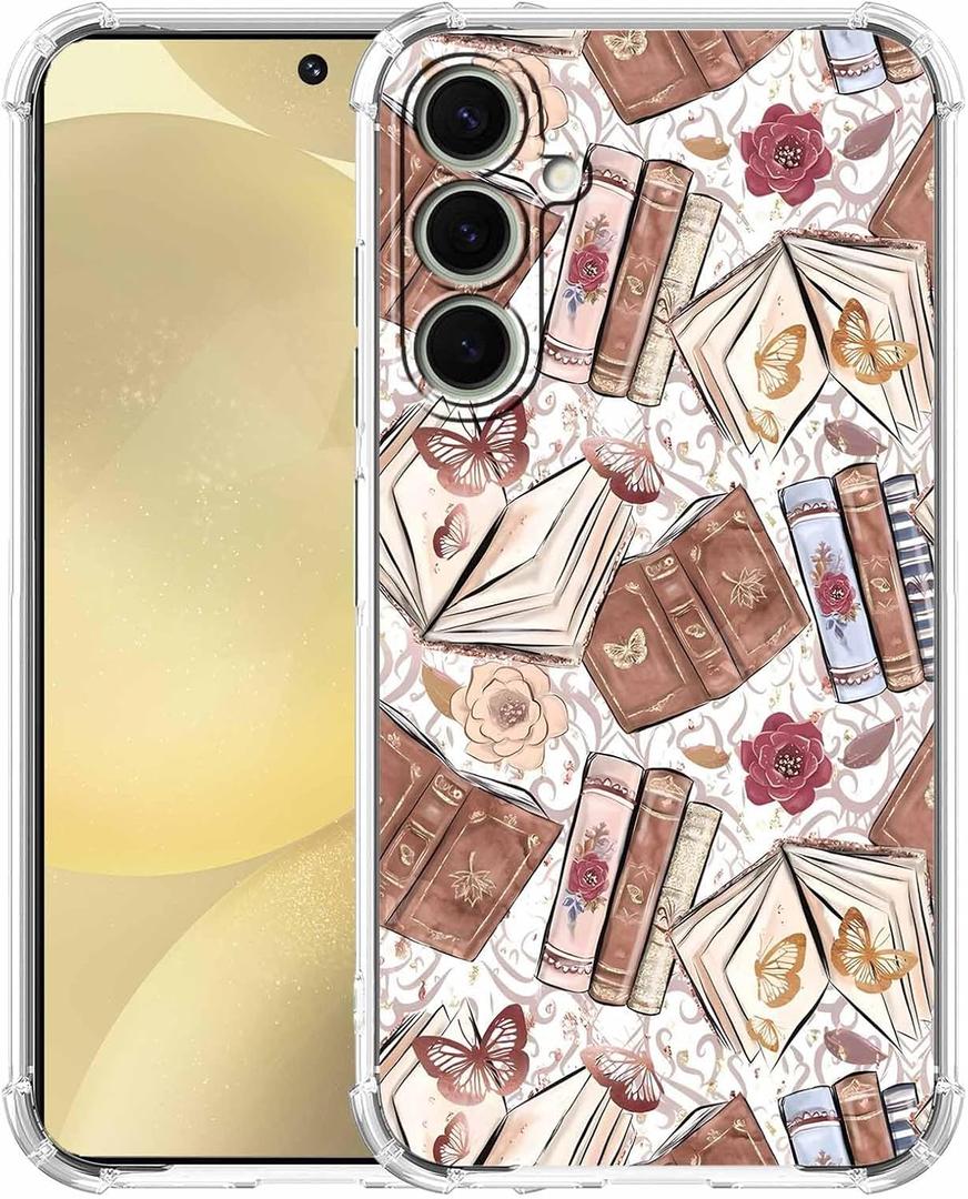 for Samsung Galaxy S24 Case with Aesthetic Design,Vintage Butterfly Brown Book Pattern,Clear Slim Soft TPU Bumper Case,6.2(Butterfly,S24)