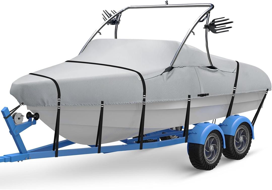 Ski & Wakeboard Tower Boat Cover, Full Metal Buckles Boat Cover, 100% Solution-Dyed Polyester Waterproof Tear and Fade Resistant, Fits 20-22ft V-Hull Runabout Tournament Boat with Ski/Wakeboard Tower