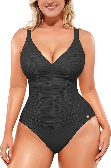 SHAPELLX One Piece Tummy Control Swimsuit V Neck Slimming Bathing Suit for Women Lace-Up Back Ruched Shapewear Swimwear XL