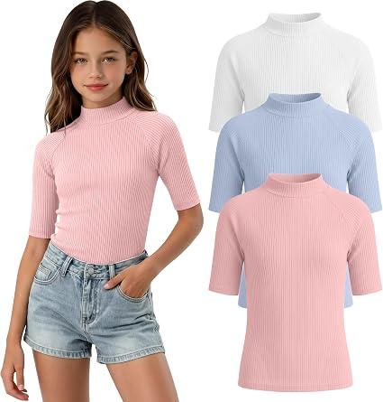 LessonZoo 3 Pack Girls' Shirts Teen Summer Tops Mock Turtleneck Slim Fit Ribbed Half Sleeve Fashion Tees Kids Clothes Trendy(Light Pink, Light Blue, White,11-12 Years)