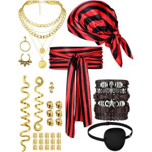 Fourluoo 31 Pieces Pirate Costume Women Rave Accessories Pirate Hat Head Scarf Sash Belt Necklace Earrings for Cosplay Party (Red)