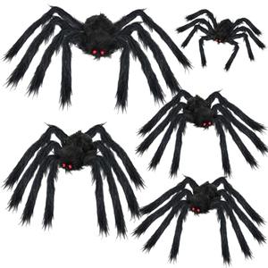 Dazzle Bright 4 Pack Halloween Spiders Decorations, Realistic Giant Spiders Set, Hairy Plush Black Large Spider for Outdoor Indoor Prop Yard Lawn Decor (50", 35", 30", 20", 20")