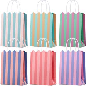 Small Gift Bags with Handles, 12-Pack Paper Party Favor Goodie Bags, 5.82 x 3.15 x 8.18 Inches, 6 Designs in Cotton Candy Stripes, Ideal for Birthdays, Baby Showers, and Christmas Parties
