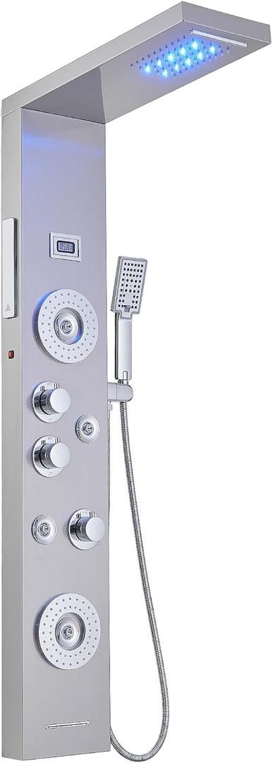Nickel and Chrome 6 in 1 Shower Panel Tower System Rainfall Shower Panel
LED and Digital Display Stainless Steel Shower Panels with Waterfall Tub Spout Massage Jets Handheld Head by BATHLAVISH