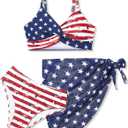 Girls Swimsuit, Bathing Suits 3 Piece Tropical Floral Twist Cross Bikini Sets Girls' Swimwear with Cover Up Skirt 7-16T (9-10, Red + White + Blue-2)