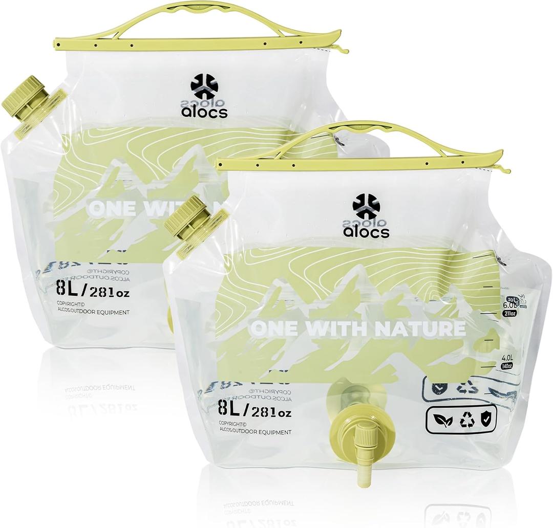 Alocs 2 Pack 2.1 Gallon Collapsible Water Container, Emergency Water Storage Bag with Dual-Tap, BPA-Free Folding Water Jug for Camping, Hiking, Survival, Hurricane Supplies