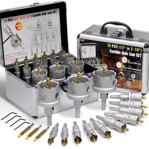 KJE 20 in 1 (1/2"to 2-1/8") Carbide Hole Saw Kit for Metal - Heavy Duty TCT Hole Cutter Drill Bits Set with Titanium Pilot drills & L-Wrenches & Aluminum Box, for Stainless Steel/Iron/Aluminum | Metal