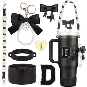 7Pcs Black Stanley Cup Accessories for 40Oz 30Oz 20Oz, Women Teen Girls Gifts, Stanley Tumbler Cup Decoration with Straw Topper, Bow Charm, Silicone Boot, Handle Strap, Letter Sticker D