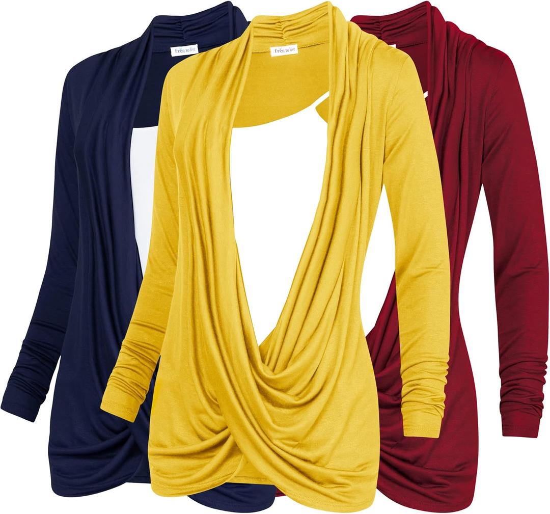Free to Live 3 Pack Long Sleeve Nursing Tops Breastfeeding Shirts Cardigan Sweaters for Women Lightweight Postpartum Clothes (Small, Navy, Wine, Yellow)