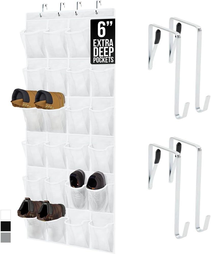 GORILLA GRIP Over the Door Shoe Organizer, 24 Extra Large Breathable Mesh Pockets, Space Saving Hanging Storage Holder, 4 Hook Closet Rack Hanger, Hangs on Closets for Shoes and Accessories, White