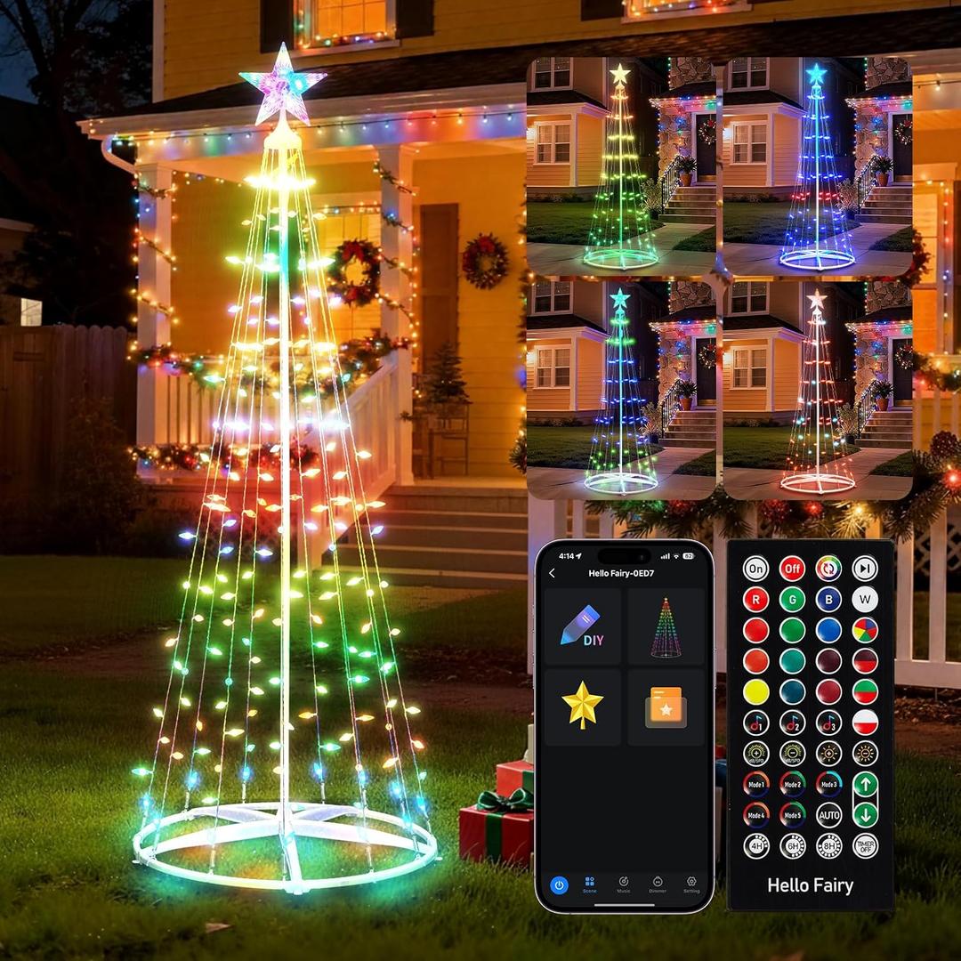 Minetom 6 FT Smart Christmas Cone Tree, C6 LED Lights with Star Topper, Music Sync, App & Remote Control, DIY Lighting, Timer, Waterproof for Indoor/Outdoor Decorations