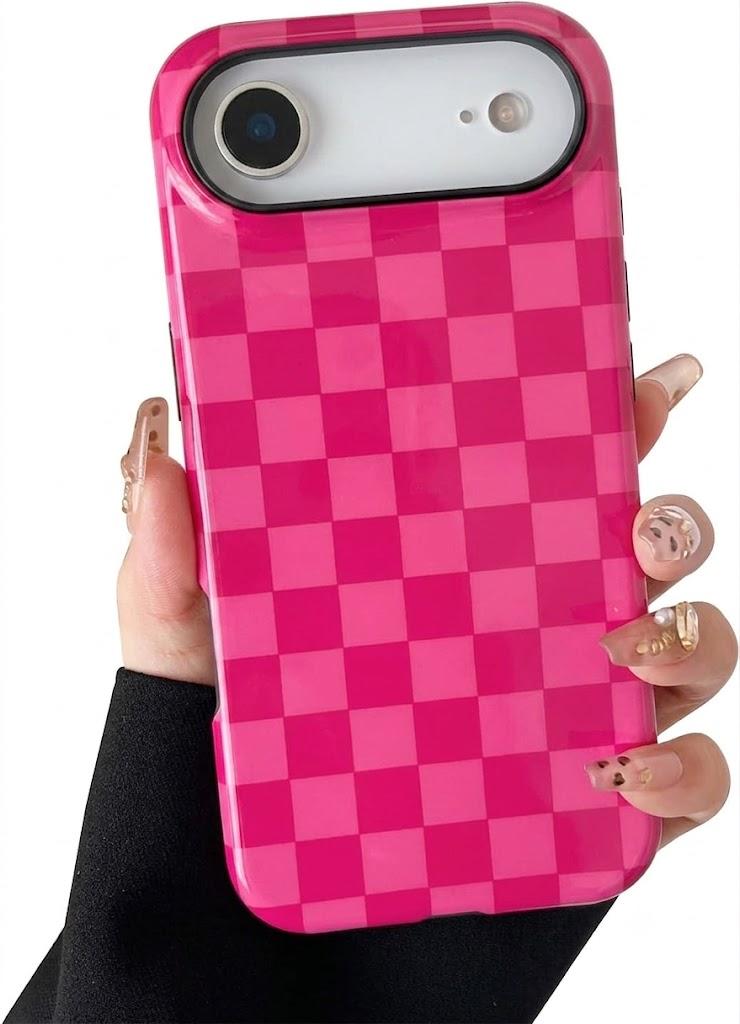 CHEDEMK Compatible with iPhone 17 Air Case, Cute Aesthetic Fashion Colorful Checkered Cover for Women, Shockproof Slim Soft TPU and Hard PC Protective Phone Case for iPhone 17 Air 6.6", Hot Pink