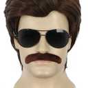 yuehong Short Adult Mens Brown Wig 70s 80s Male Wig Cosplay Costume Hair with Brown Mustache