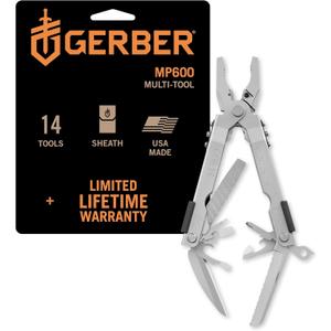 Gerber Gear Multi-Plier 600 Blunt Nose Multitool with 14 Tools - Includes Knife, Pliers, Nylon Sheath & More - Made in USA - Stainless Steel Tool