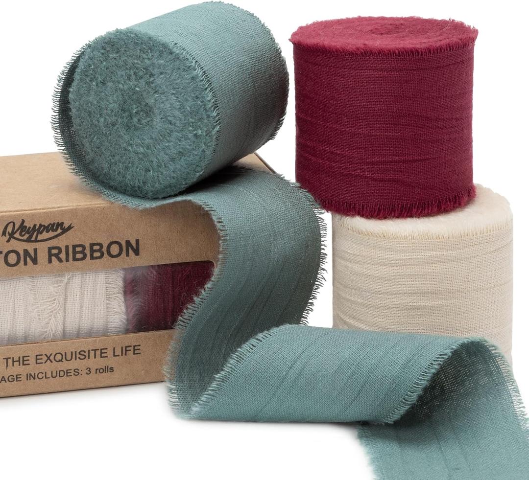 Keypan Christmas Ribbon 1-1/2 Inch x 15 Yards Crinkle Fabric Cotton Ribbons for Gift Wrapping Wedding Invites Crafts Flower Bouquets Wreath Home DIY Decoration